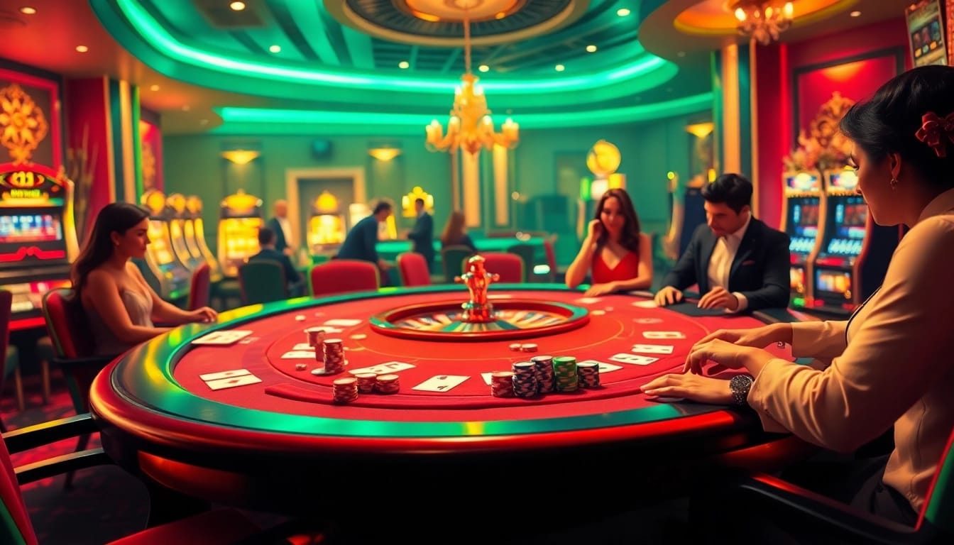 Players enjoying high-stakes poker at a luxurious casino, highlighting the KJC LINK experience with vibrant visuals.
