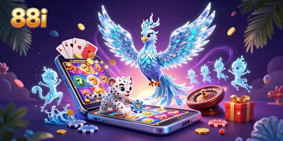 Experience the excitement of 88i with neon slot games and animated casino elements in 3D.