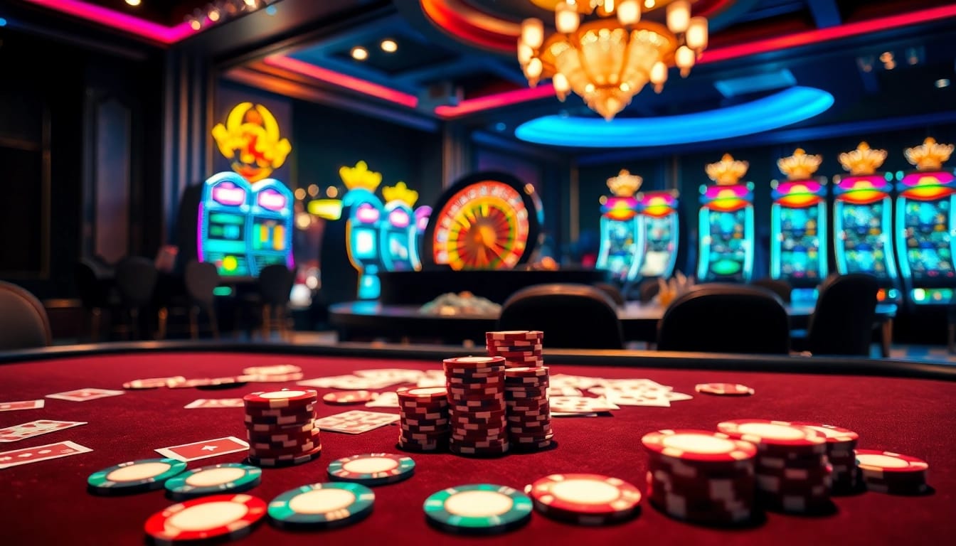 Engaged players at a RIKVIP poker table, showcasing thrilling gameplay with vibrant chips and cards.