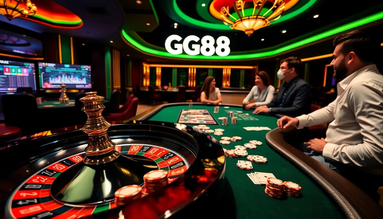 Experience excitement at GG88 with players enjoying poker and a roulette wheel in a vibrant casino.