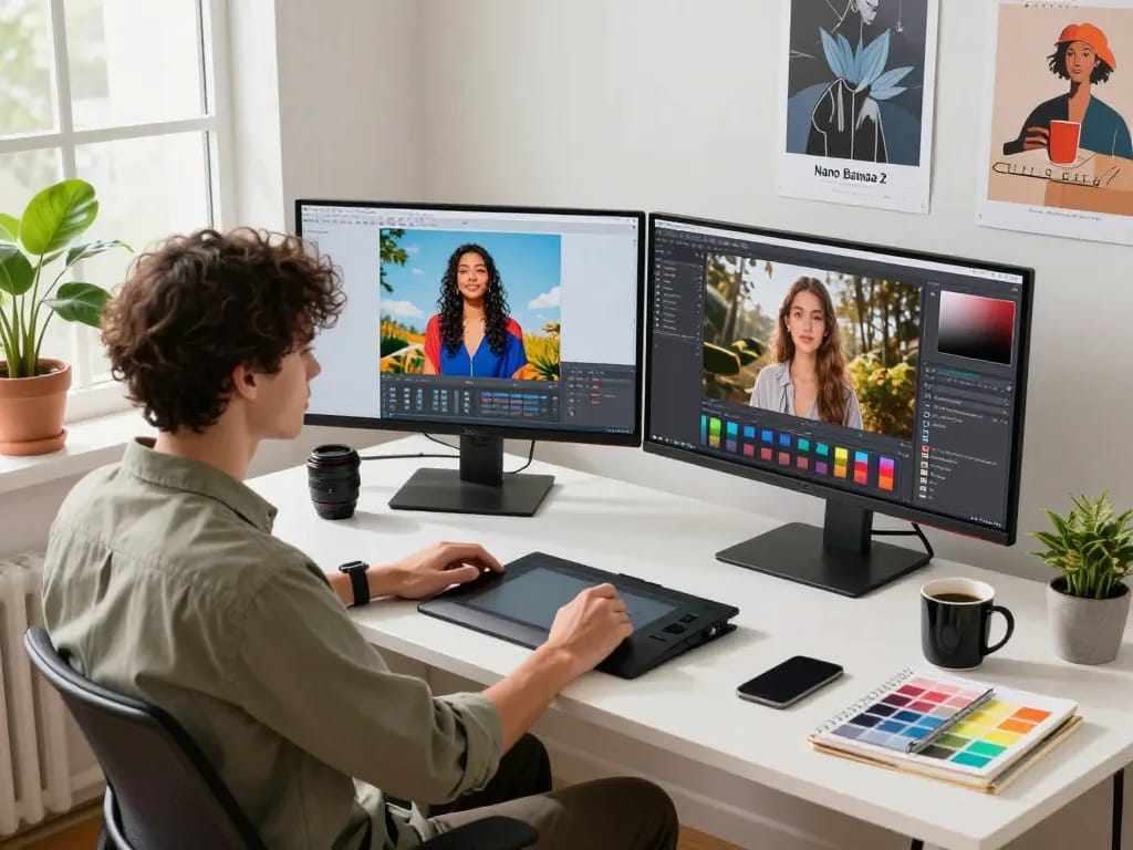 Dynamic digital workspace illustrating Nano Banana 2's image editing capabilities with vibrant AI visuals.