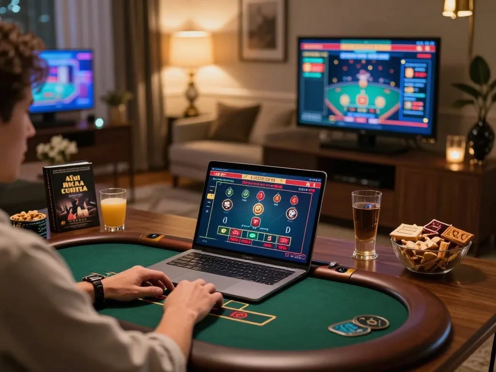 Player engaging in dv88 online blackjack with stylish decor and multiple screens showing casino games.