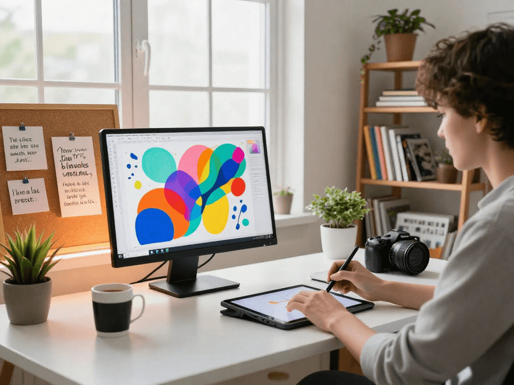 Create stunning AI NSFW artwork in a vibrant home office environment featuring digital art tools.
