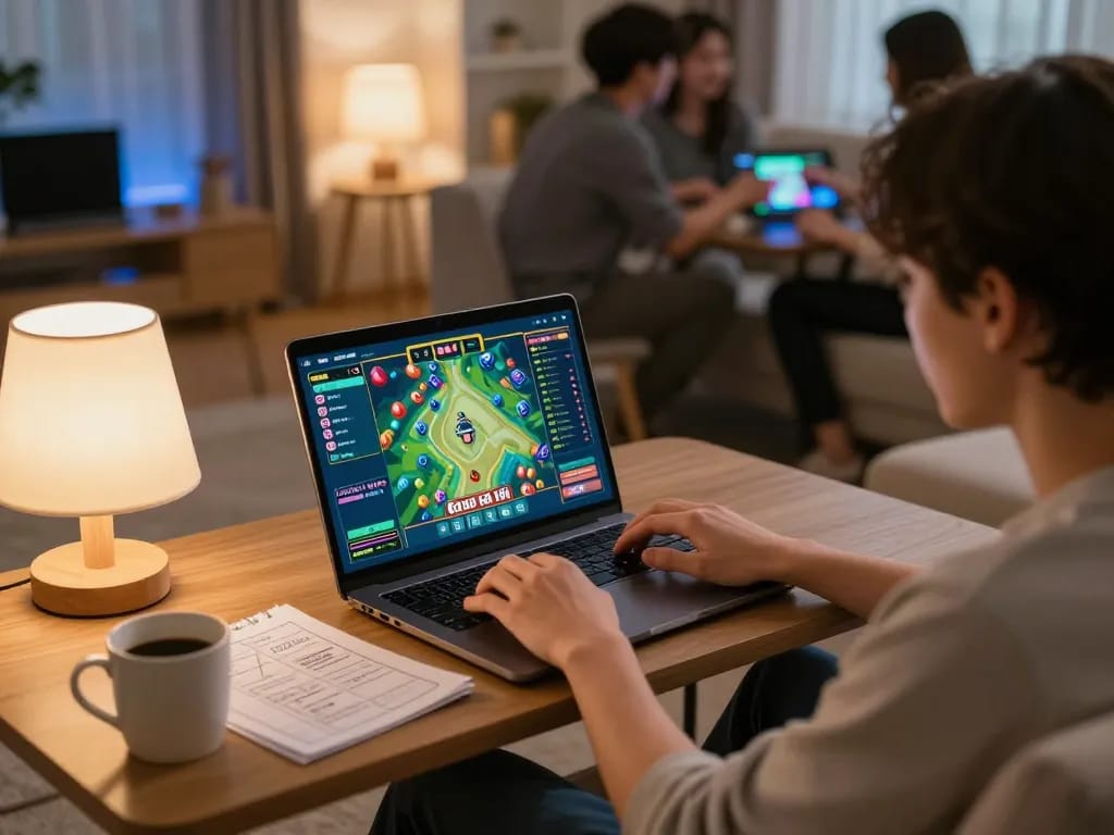 Enjoying Game tài xỉu on a laptop during a cozy home gaming night, focusing on strategy and fun.