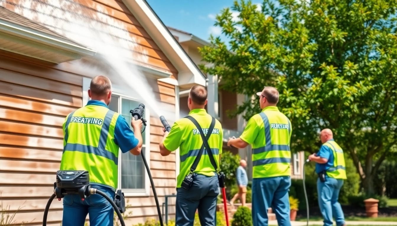Professional team providing soft wash services for a home in Kissimmee, Florida, showing vibrant cleaning results.