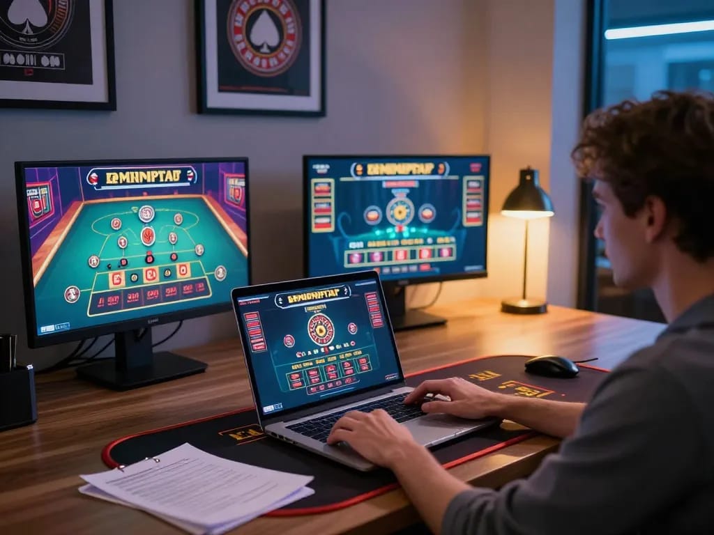 Experience the excitement of 8XBET online gaming with live dealer casino action displayed on multiple screens