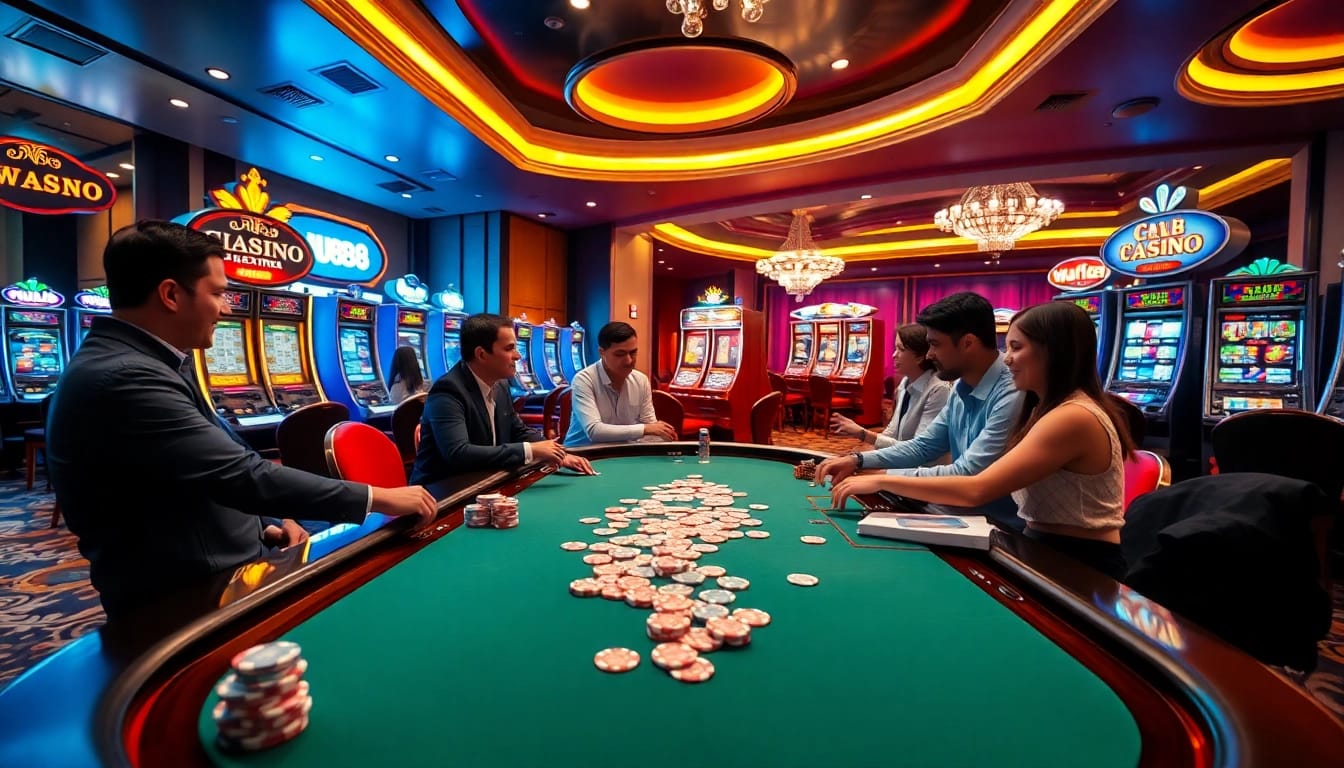 Experience the thrill of uu88 with players engaged in an exciting poker game at a vibrant casino table.