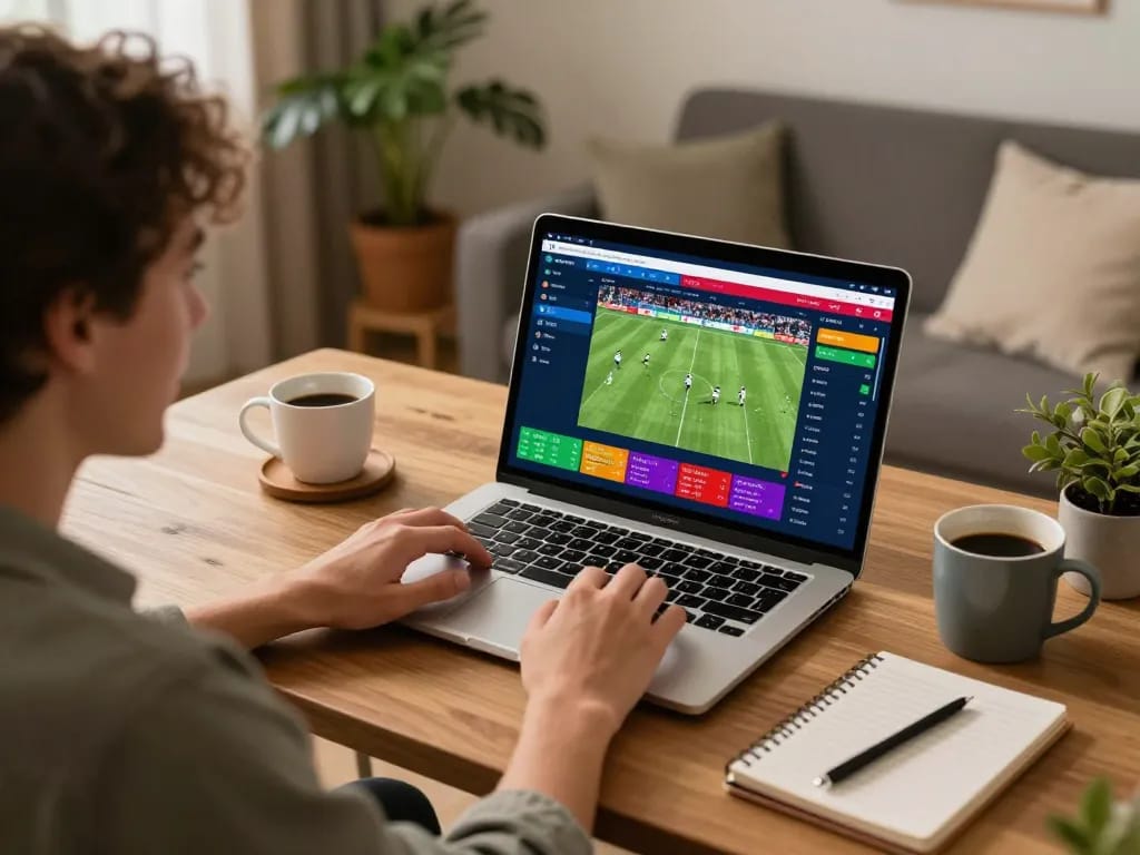 Bet168 user placing live sports bets on laptop at home, showcasing a responsible gaming environment.
