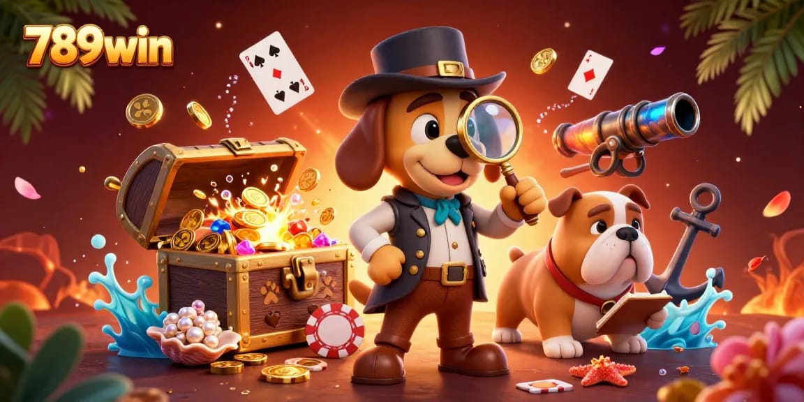 Explore the exciting 789win casino adventure with a detective and his bulldog amidst treasures and games.