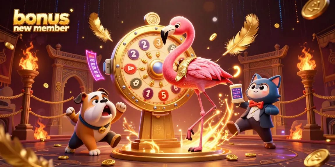 Merayakan bonus anggota baru dengan ilustrasi 3D hiburan kasino yang berwarna-warni dan detail.