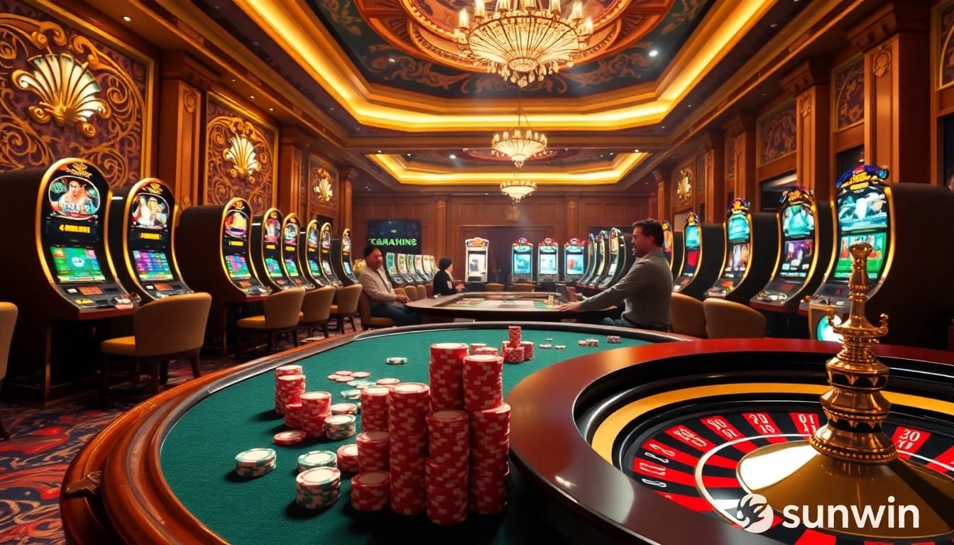 Engaged players enjoying poker at the sunwin casino, showcasing excitement and vibrant atmosphere.