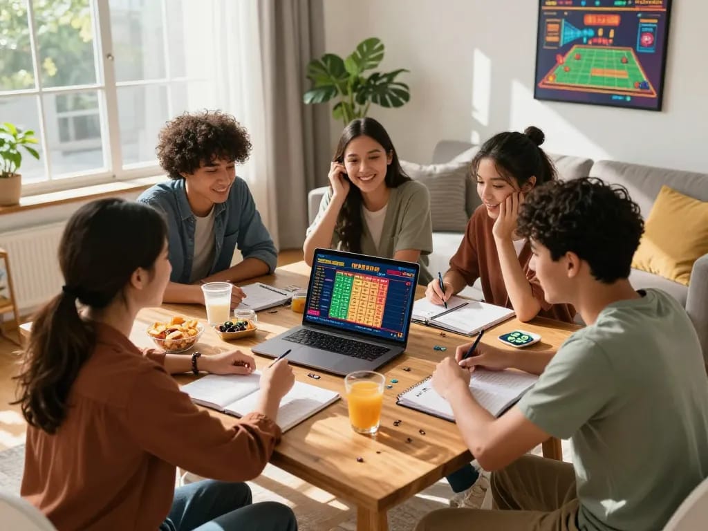 Friends engaging in lô đề online games with excitement and strategy in a cozy living room