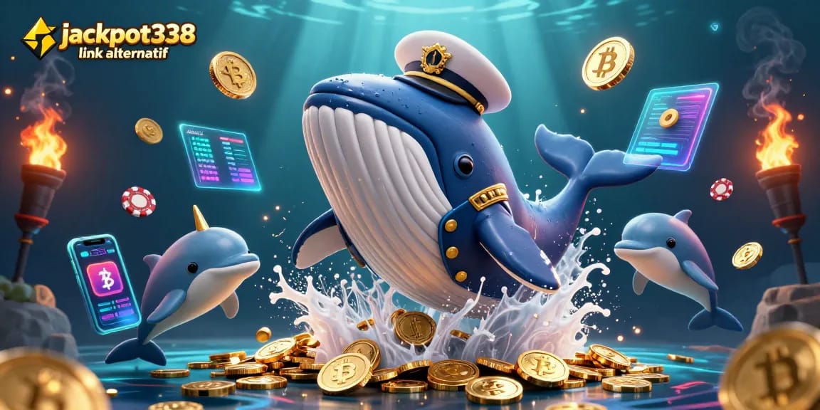 Play jackpot338 link alternatif with a whale and dolphins in an exciting casino-themed underwater scene.