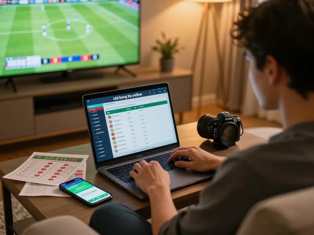 Engaging cá độ bóng đá online experience showcasing an individual placing bets with a laptop and live match on screen.