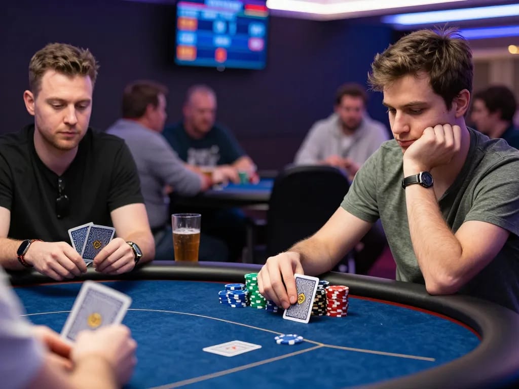 Cách Bluff trong Poker showcased in an intense casino scene with players and chips.