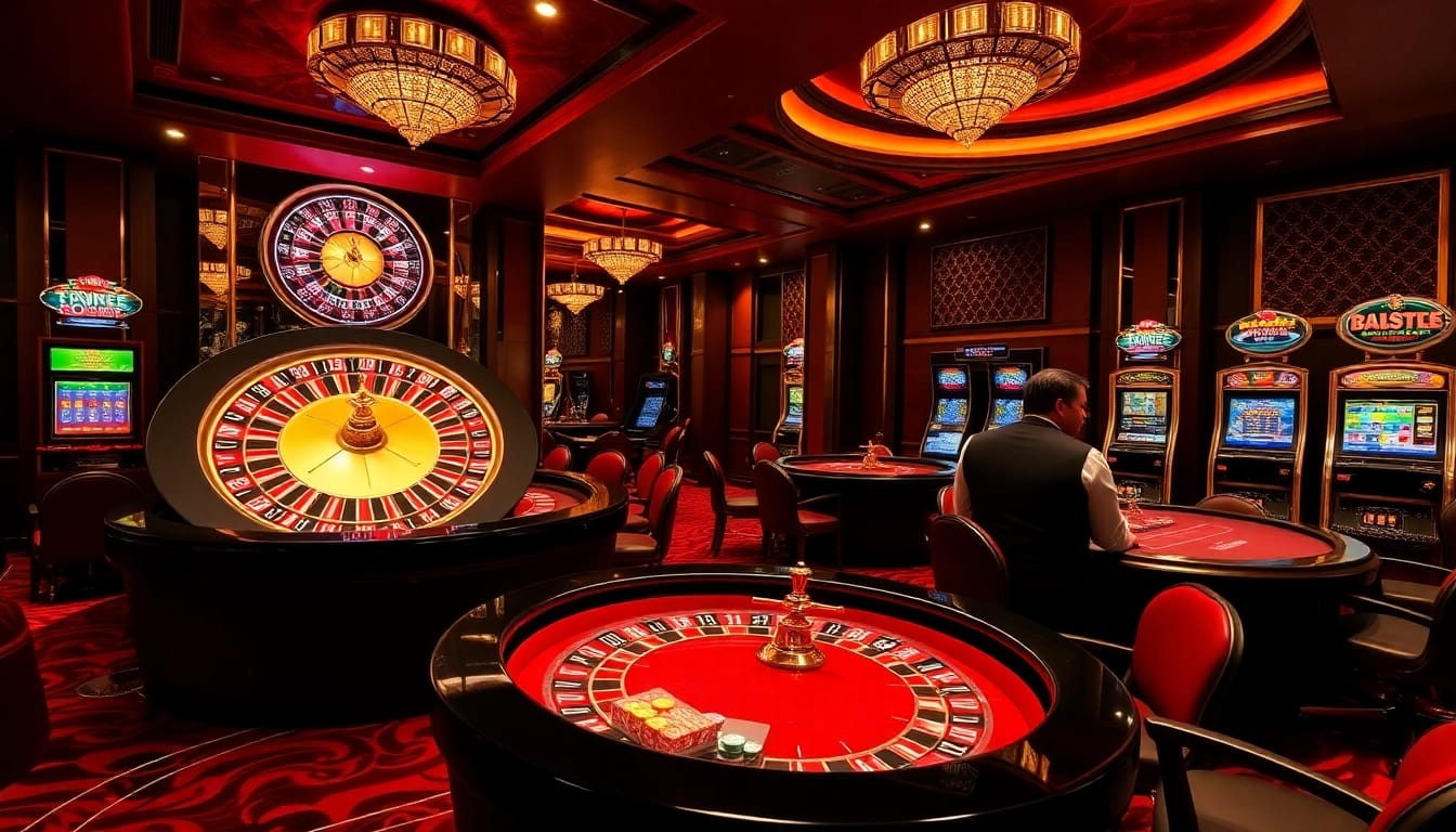 Experience the excitement of trang chu 98win with players at luxury casino tables and vibrant slot machines.