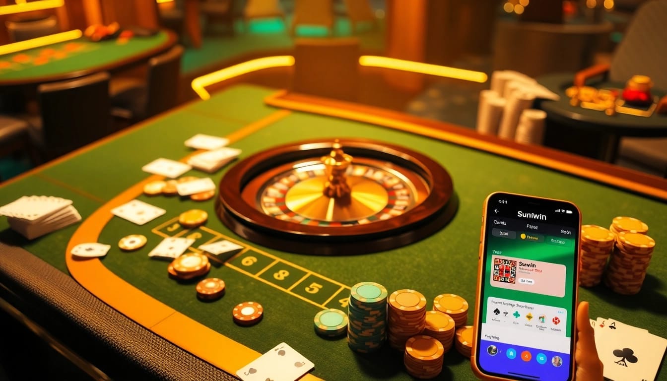 Experience Sunwin's thrilling casino atmosphere with vibrant gaming tables and excitement.