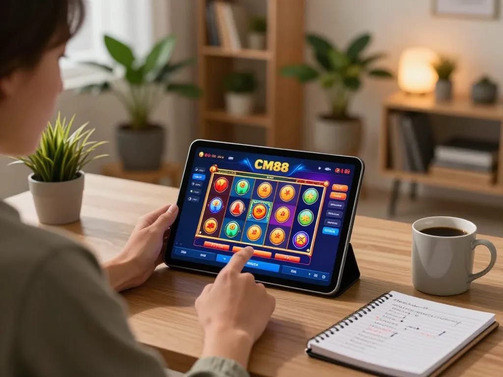 Enjoying the CM88 slot game on a tablet, sitting in a cozy home office setting for responsible gaming.
