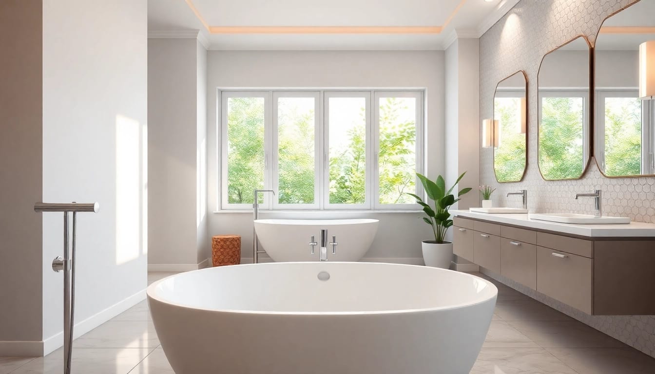 Modern bathroom remodeling near me with sleek fixtures and elegant lighting.