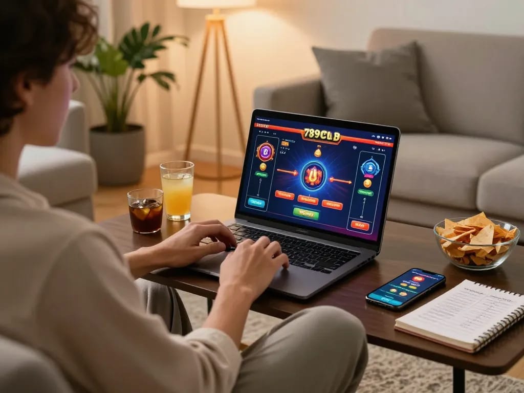 Engaging gameplay on 789 club casino app in cozy home setting, highlighting online gambling experience.