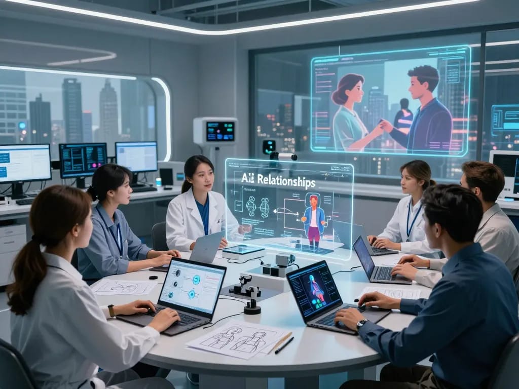Dynamic research team exploring sex AI technology innovations in a futuristic lab.