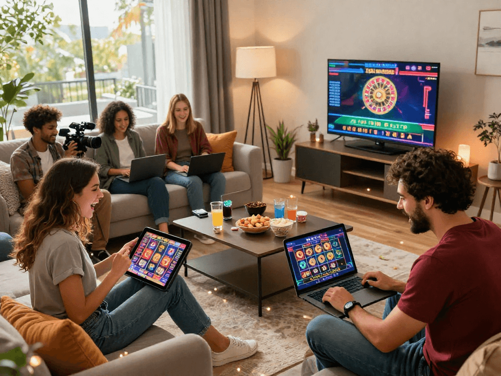 Players enjoying USA online casinos from home with laptops and tablets, creating a lively and social atmosphere.