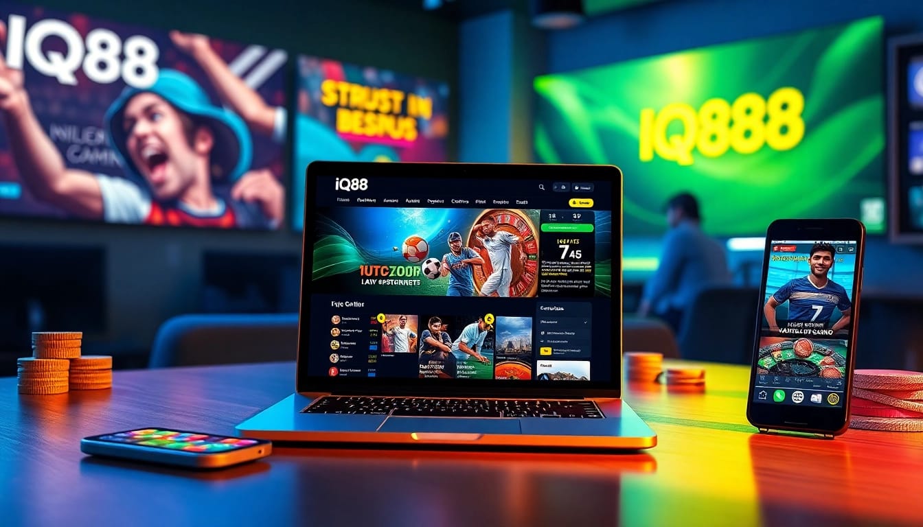 Experience the vibrant online betting environment of IQ88 help, showcasing a sleek interface with exciting gaming graphics and promotional bonuses.