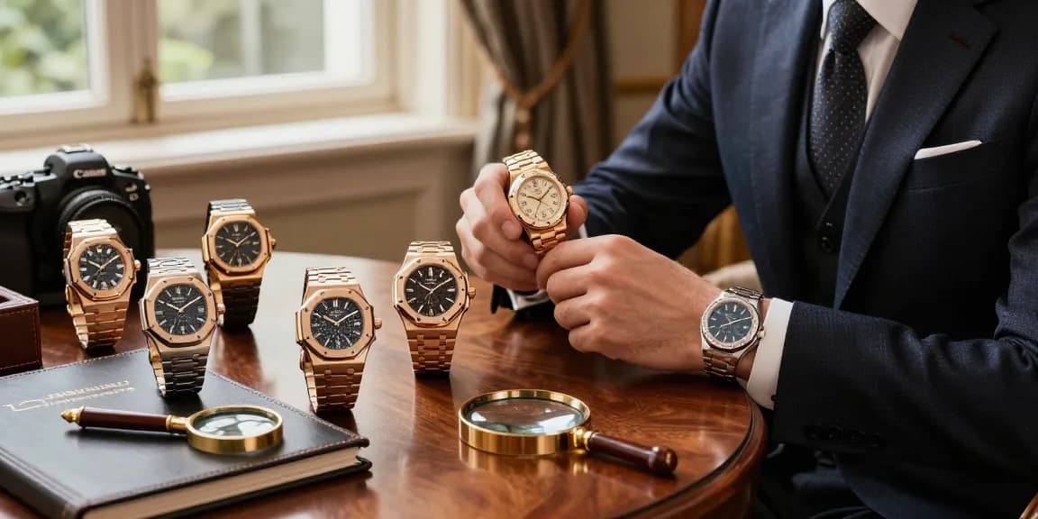 Explore super clone watches in a luxurious setting with elegant timepieces showcased in warm light.