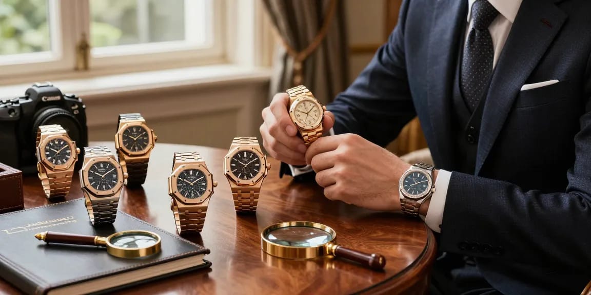 Explore super clone watches in a luxurious setting with elegant timepieces showcased in warm light.