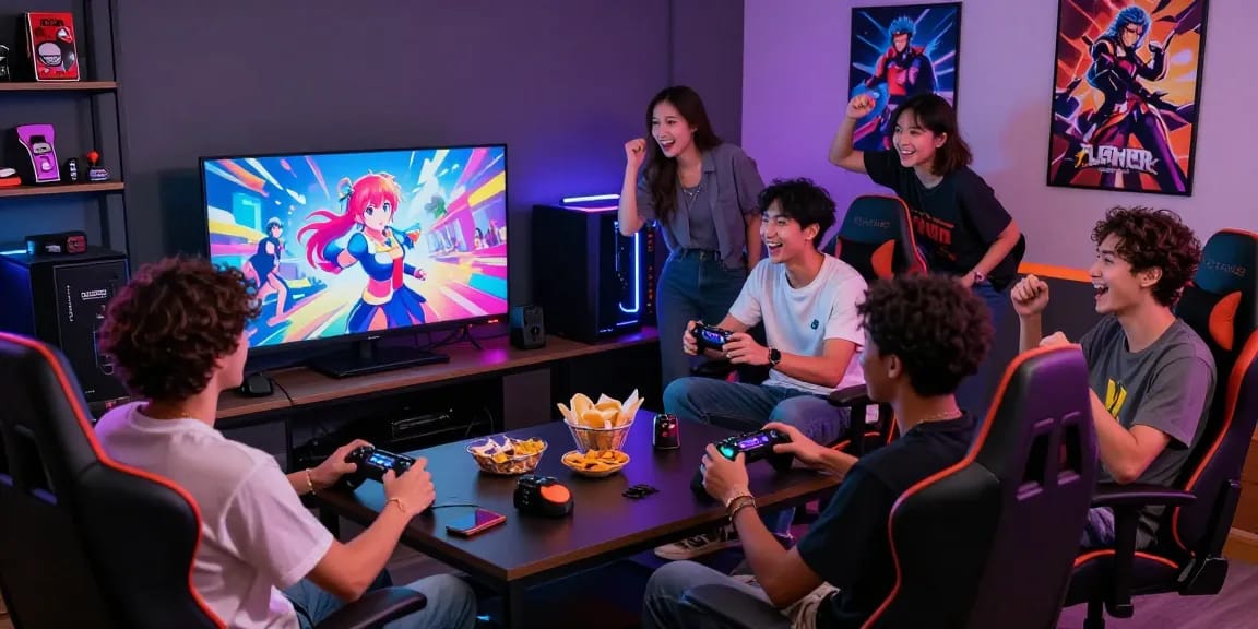 Group of friends playing ecchi games together in a vibrant gaming setup.