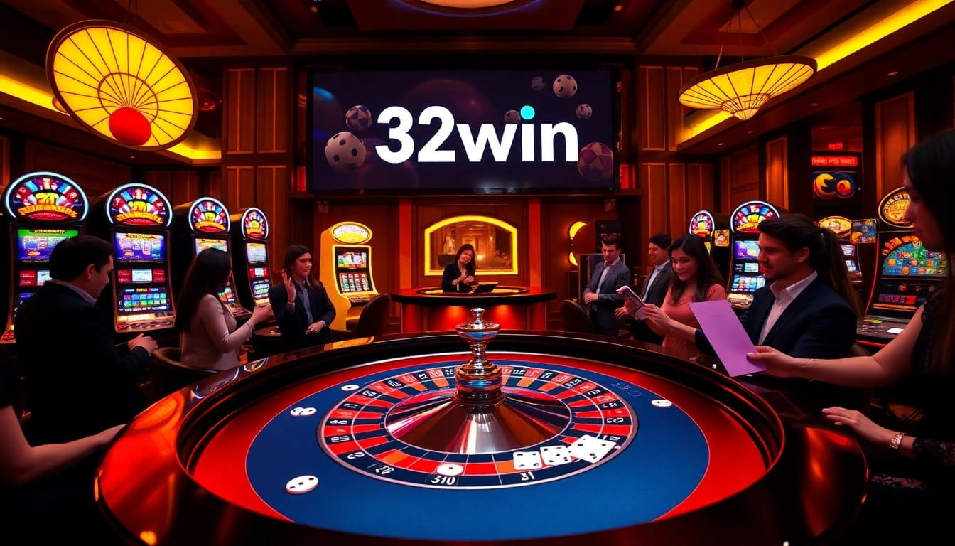 Players enjoying a thrilling roulette game at 32win with vibrant chips and cards.