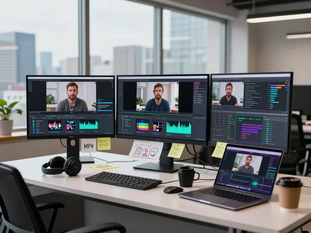Detailed workspace setup showcasing video to prompt analysis with screens and creative tools for video content generation.