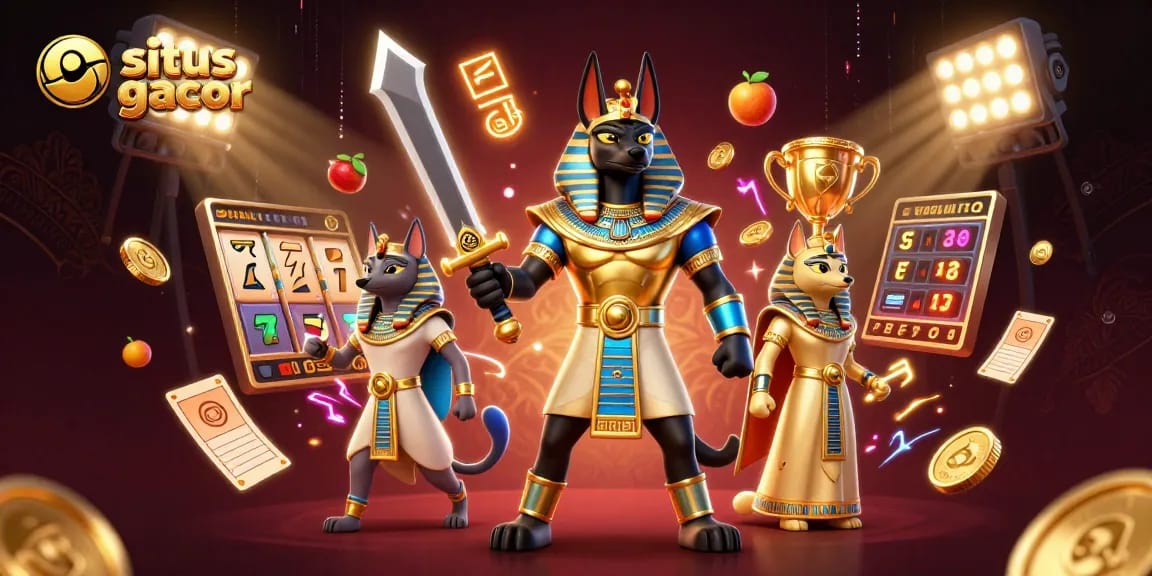 situs gacor highlights dynamic slot elements with Anubis and Bastet in a casino environment