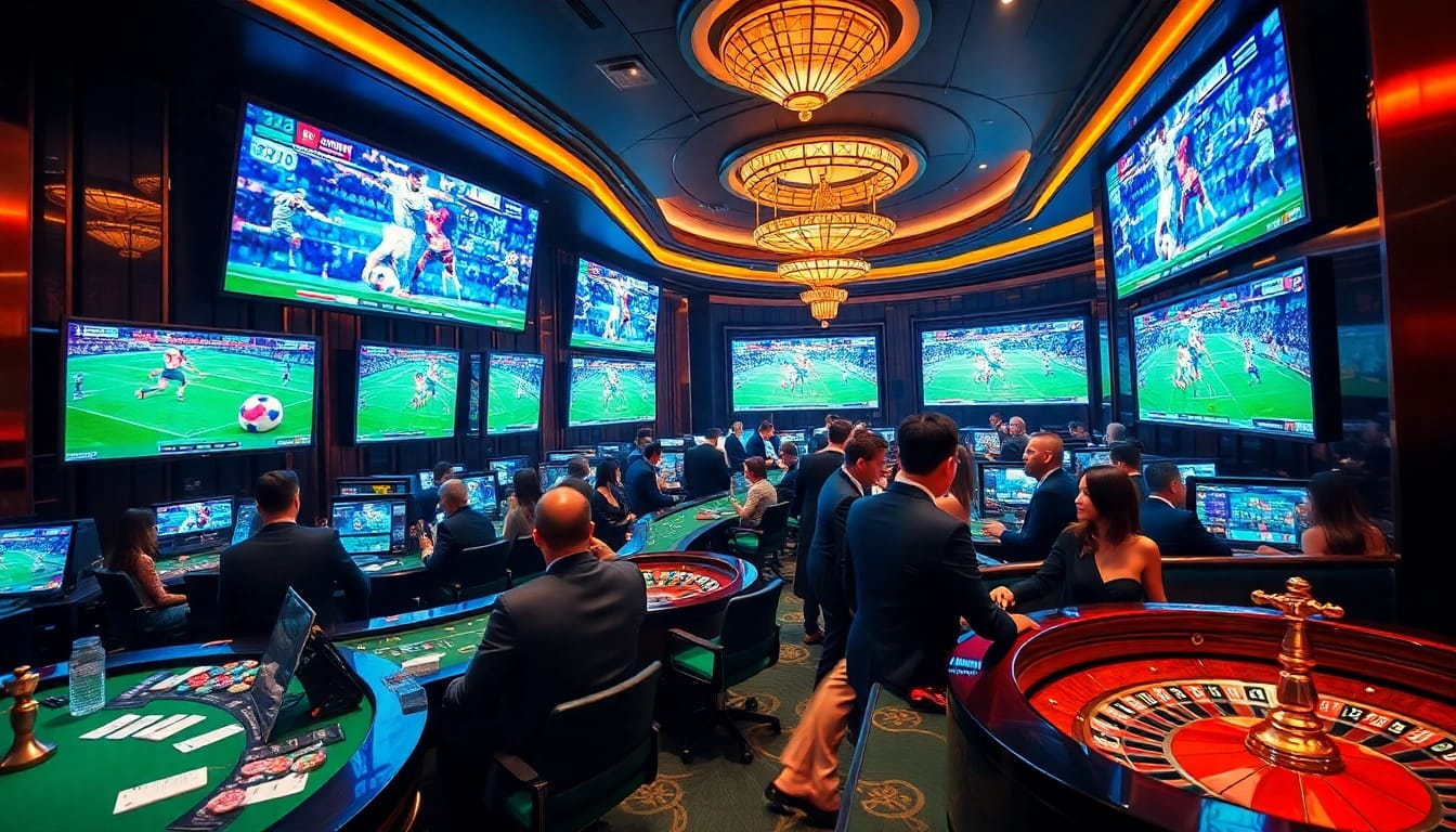 Engaging in kèo bóng đá betting at a luxurious casino with vibrant sports displays.