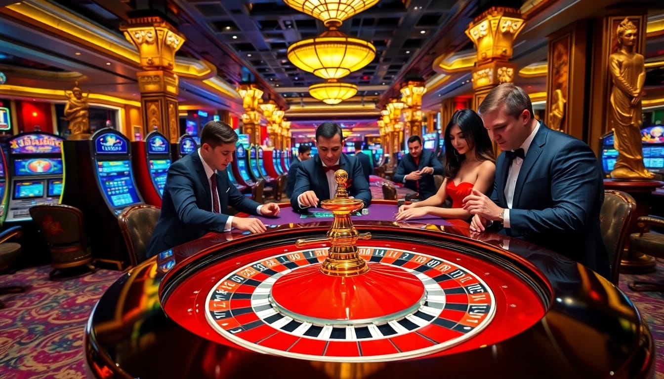 Engaged players enjoy a dynamic RAJABARONG casino experience at a roulette table.