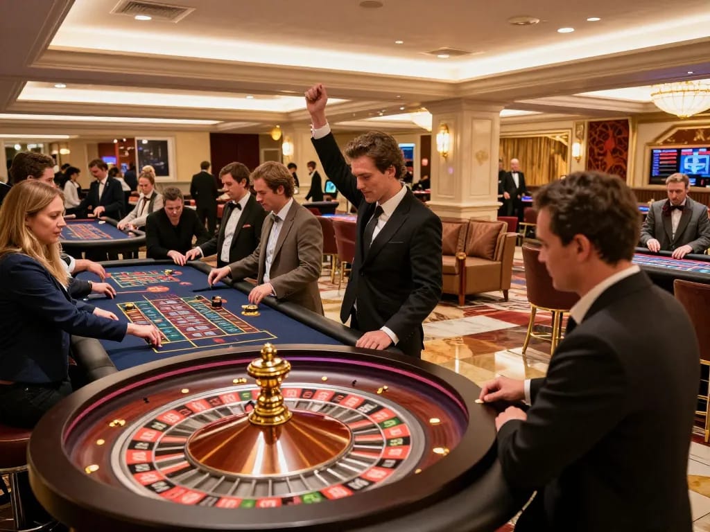 A lively roulette game at az888 casino, capturing players placing bets and celebrating wins in an upscale gaming atmosphere.