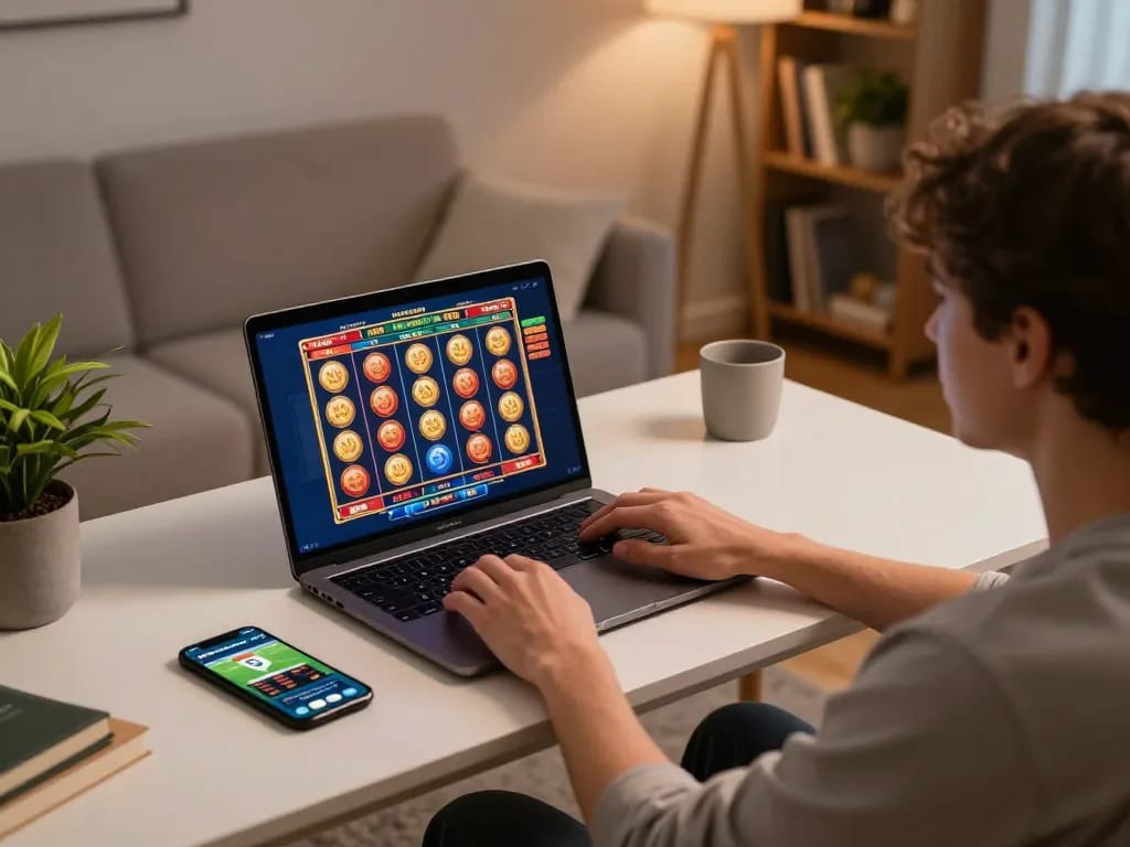 Experience online gambling with luck8 on a sleek home setup, engaging in exciting games.