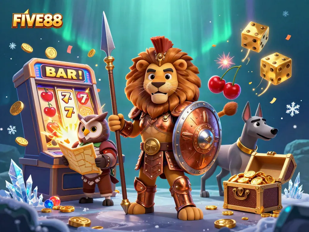 Experience the thrill of FIVE88 with a dynamic 3D scene of casino excitement, luck symbols, and winning moments.