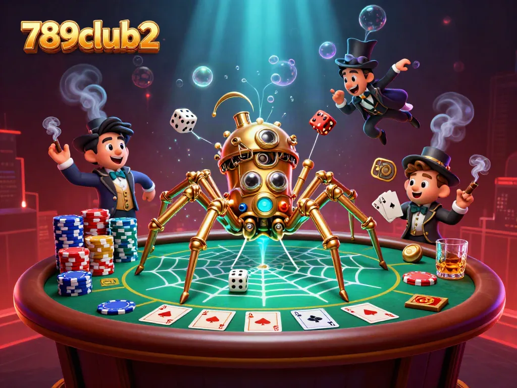 Engage with 789club2's vibrant gaming experience featuring a captivating steampunk spider and poker elements.