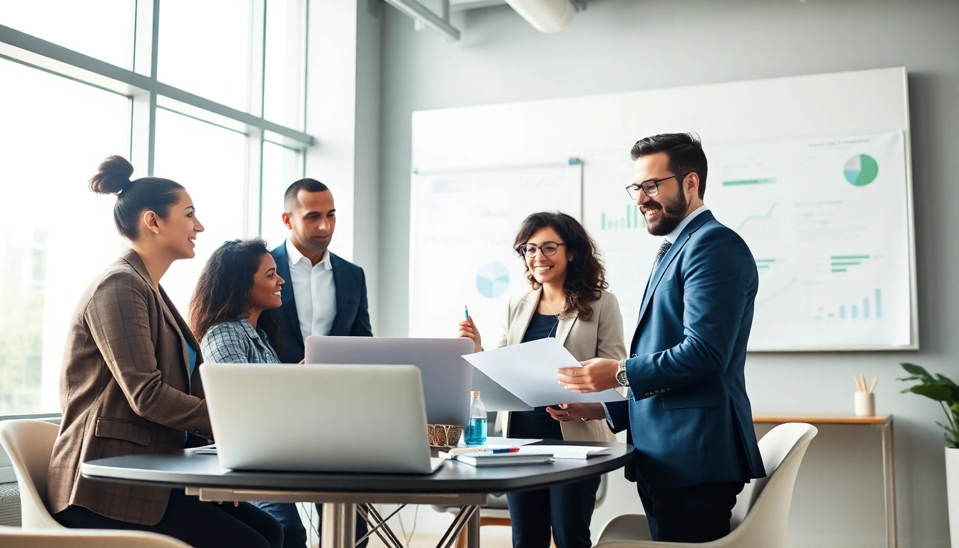 Professionisti che collaborano in un ufficio moderno, esplorando maggiori informazioni per la crescita strategica degli affari.