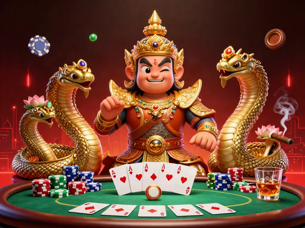 Engage with ONE88 in a vibrant 3D casino scene featuring themed traditional guardians, poker elements, and rich colors.