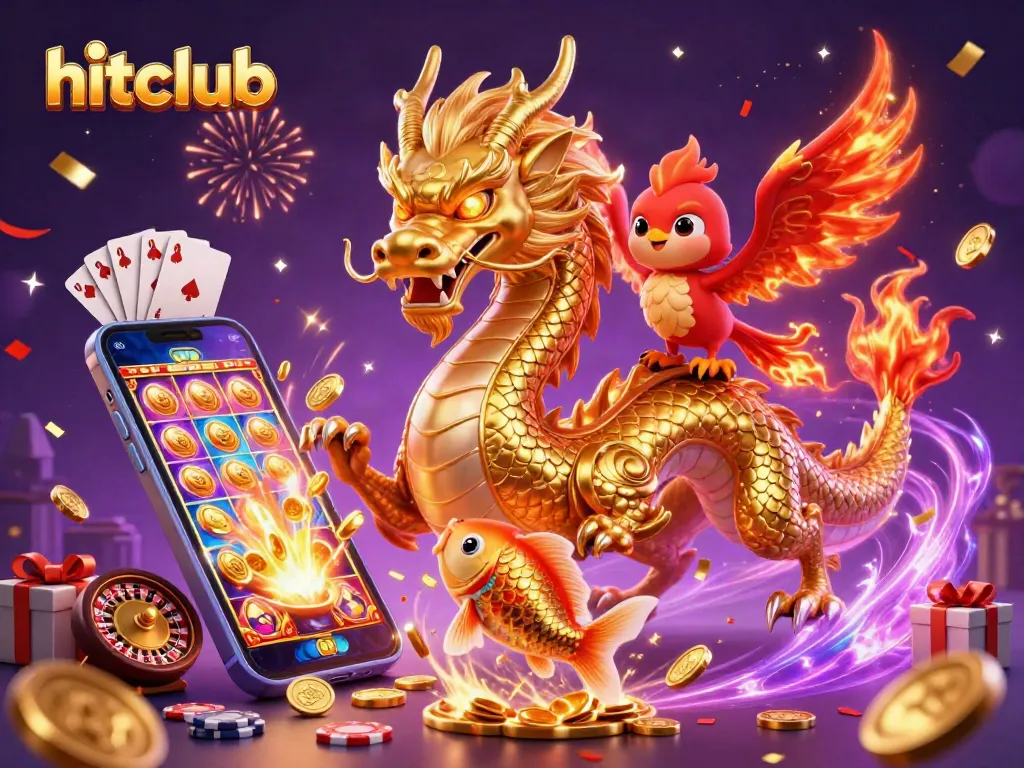 Experience the thrill of hitclub with vibrant dragons, coins, and casino games in this dynamic illustration