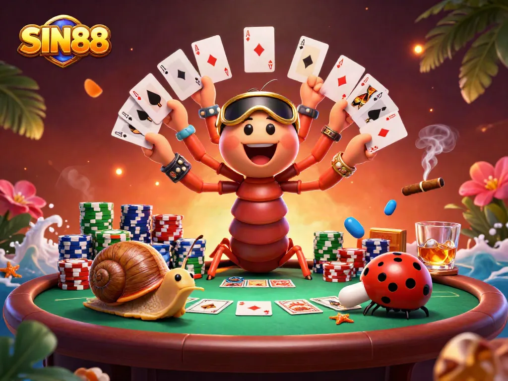 SIN88 showcases a vibrant casino scene where a millipede dealer and high-rolling snail engage players with dynamic cards and chips.