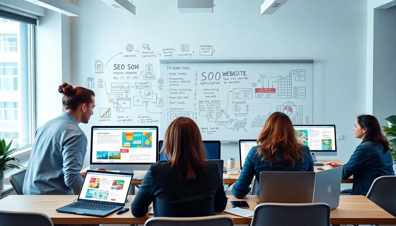 dich vụ thiết kế website showcasing a team collaborating on innovative website projects in a modern office.