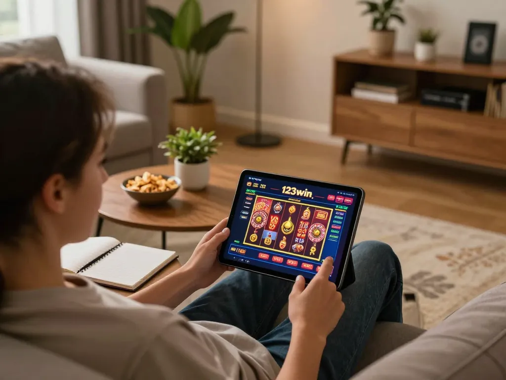 Engaged in online casino gameplay at 123win on a cozy sofa with a tablet showing vibrant slot games.