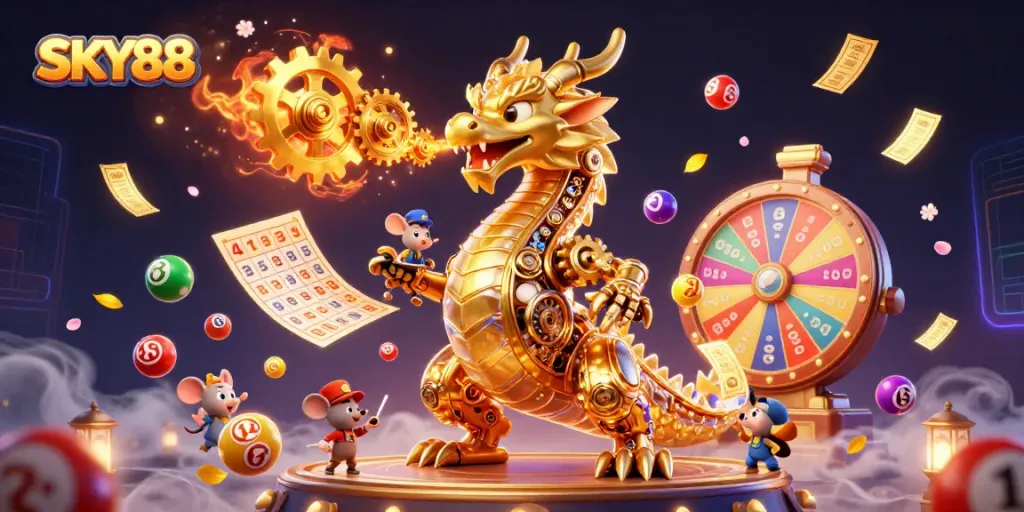 Experience sky-high excitement with SKY88's colorful lottery and gaming elements in this vibrant illustration.