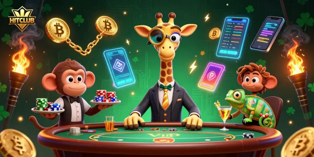 Join HITCLUB's casino excitement with a high-roller giraffe at the poker table, surrounded by vibrant gaming elements.