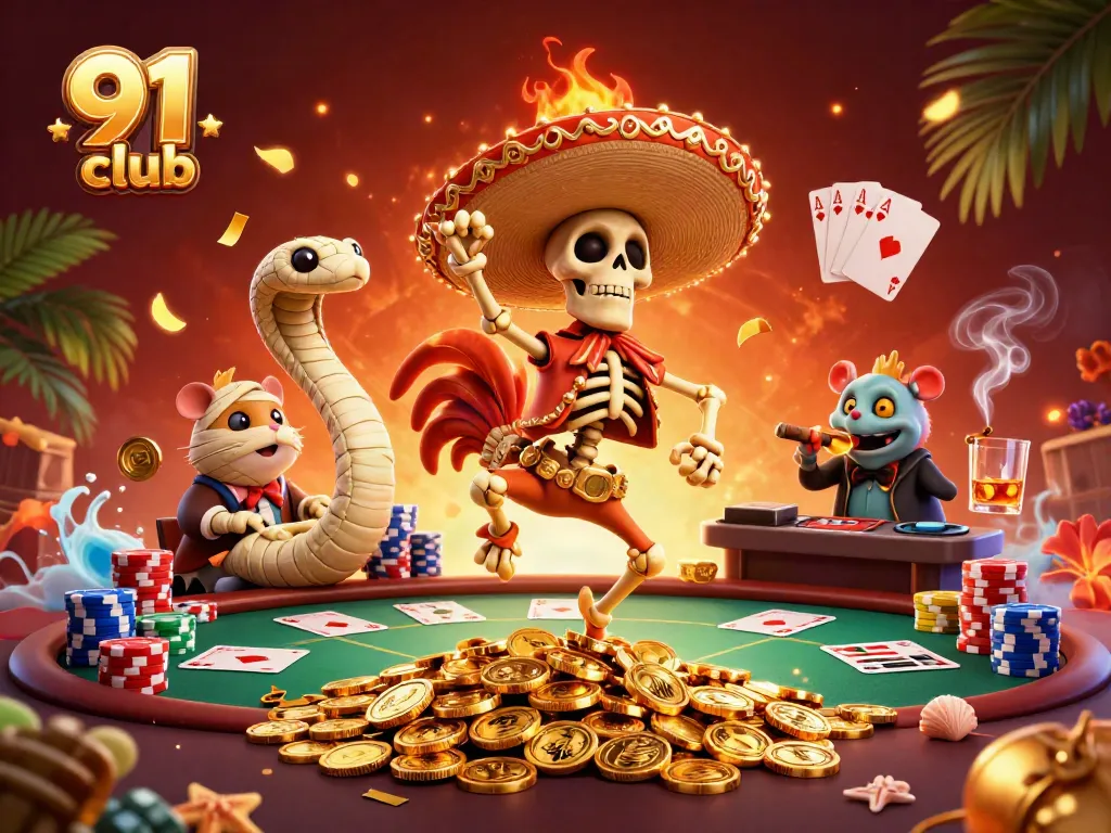 Experience the thrill of the 91 club with vibrant casino elements featuring a victory dance and poker action.