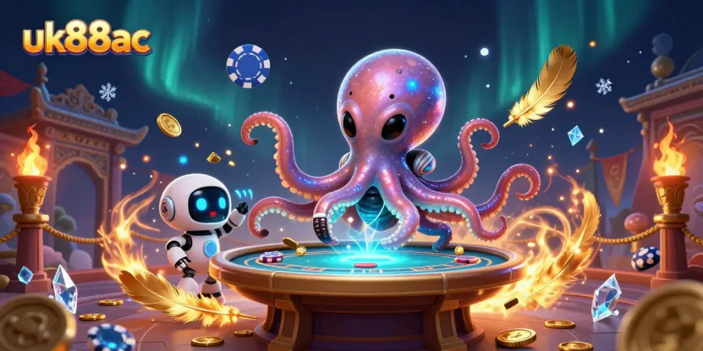 Engage in thrilling gameplay at uk88ac with an alien octopus dealing poker at a vibrant cosmic casino!