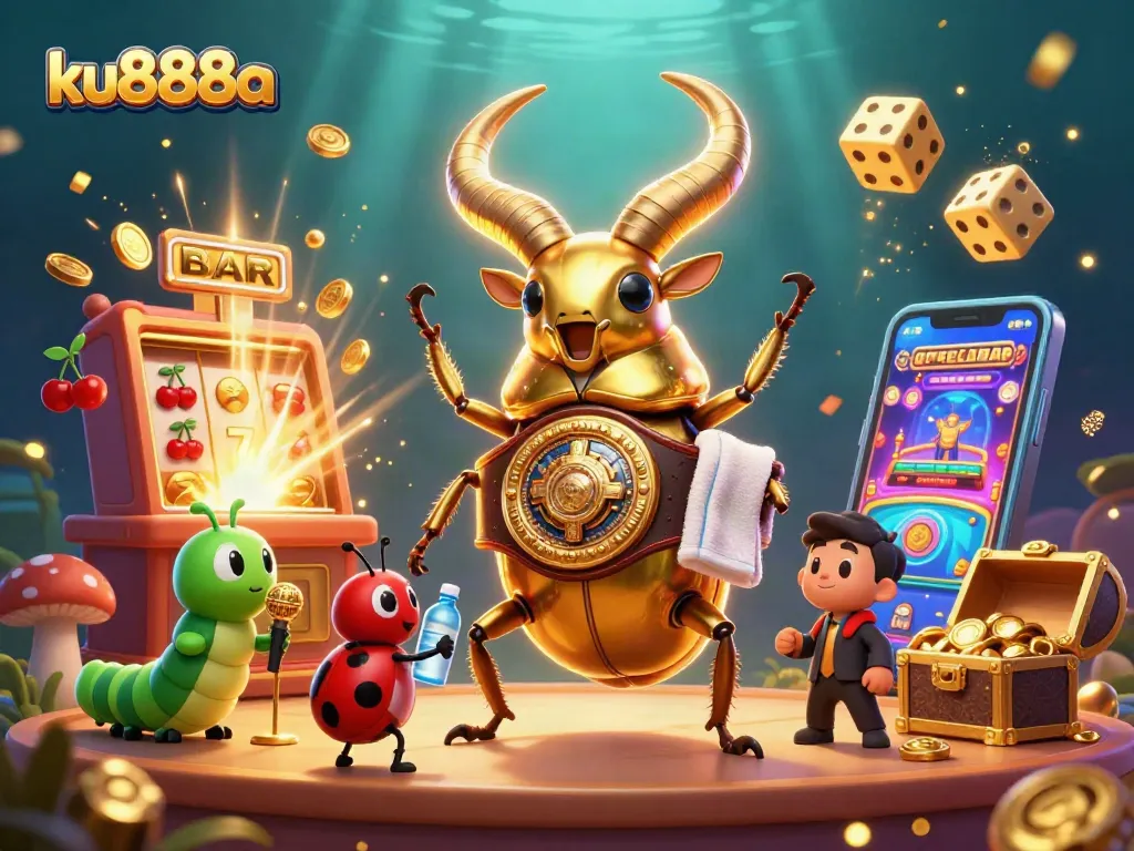 ku888a showcases exciting online casino gaming with vibrant golden beetle characters and slot machine elements